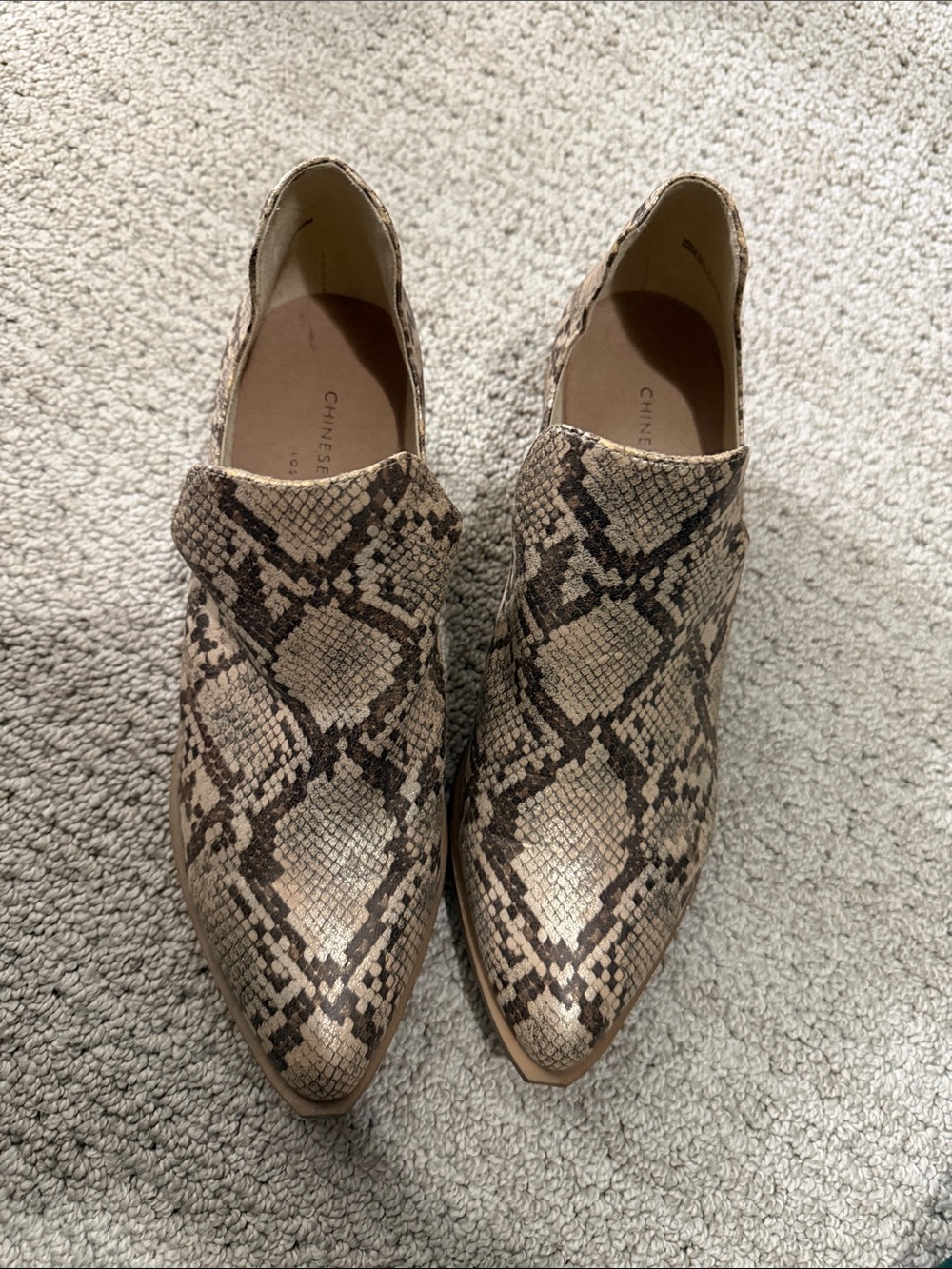 Chinese Laundry Snake-Print Pointed Toe Mules in Beige and Brown